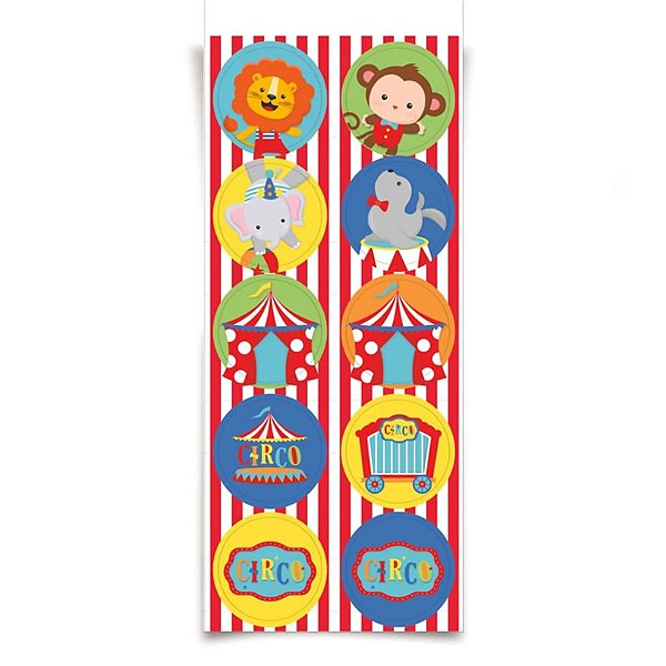 Adesivo Redondo Circo - 3 Cartelas Com 10 Adesivos Cada (30 Unidades)