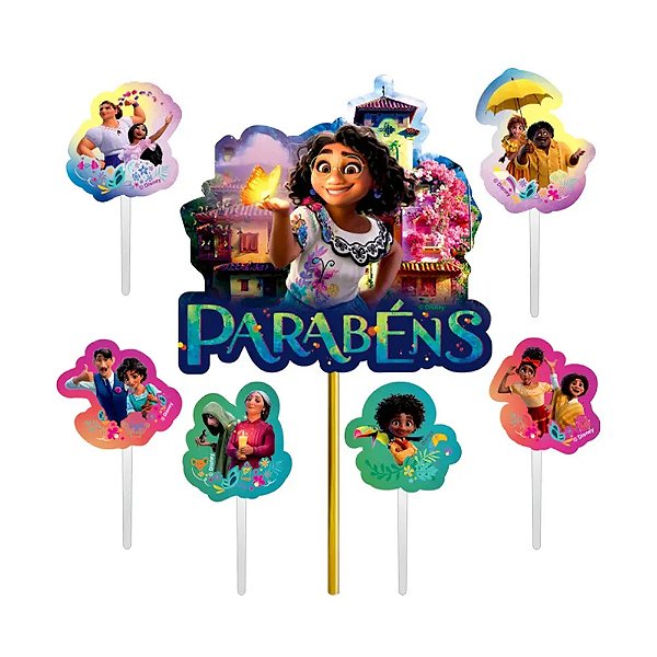 Topo de Bolo Topper Decoração Encanto Disney Cenário - 7 Peças (01 Topper maior + 6 Picks) Piffer