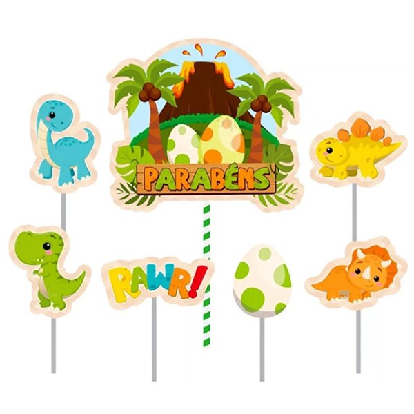 Topo de Bolo Topper Decoração Dino Baby Cenário - 7 Peças (01 Topper maior + 6 Picks) Piffer