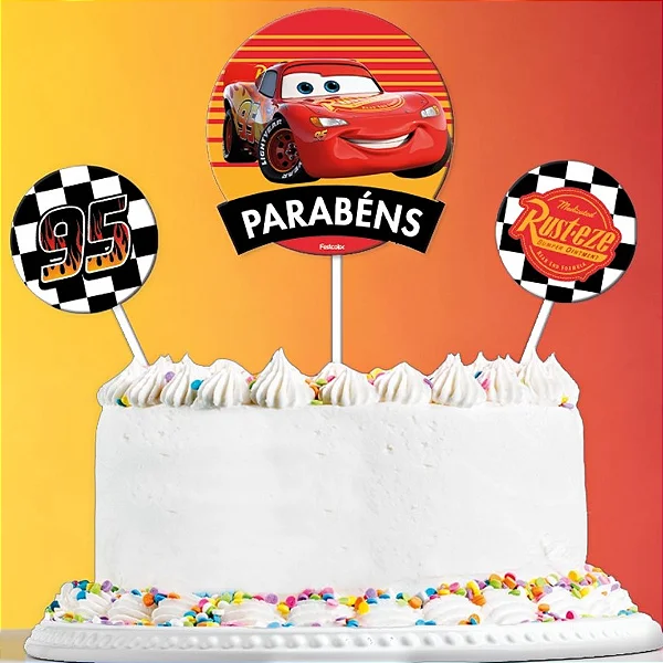 Topo de Bolo Topper Decoração Carros - 3 Peças (01 Topper maior + 2 Topper Menor)