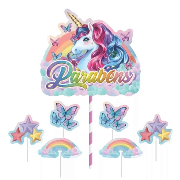 Topo de Bolo Topper Decoração Unicórnio - 7 Peças (01 Topper maior + 6 Picks) Piffer