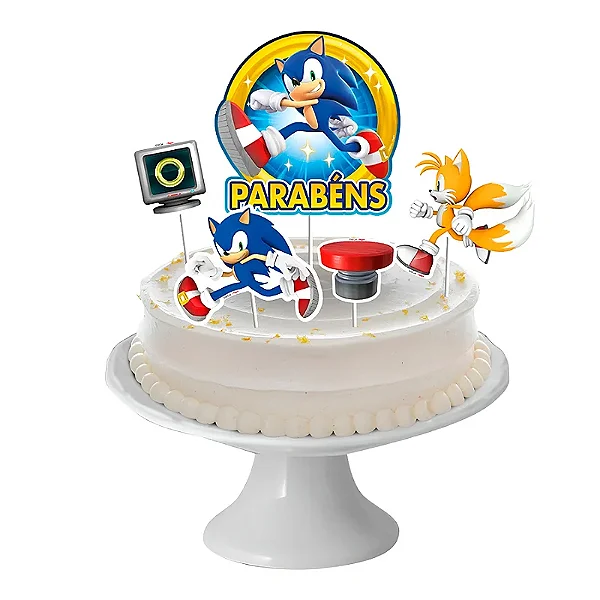 Decoração de Bolo Cenário Festa Sonic - 5 Unidades (1 Grande 23x14cm + 4 Menores 11x6cm)