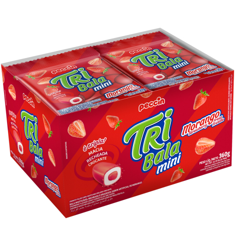 Bala Recheada Tribala Mini Morango - Caixa 360g (12 unidades de 30 gramas cada)