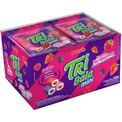 Bala Recheada Tribala Mini Frutas Vermelhas - Caixa 360g (12 unidades de 30 gramas cada)