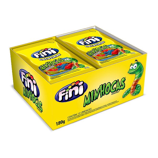 Bala Gelatina Minhocas Mini Fini - Display 180g - 12 Unidades de 15g Cada