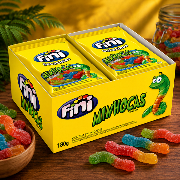 Bala Gelatina Minhocas Fini – Display 180g com 12 Unidades de 15g