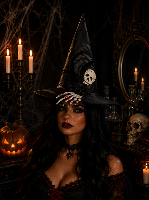 Chapéu de Bruxa Pena Mão e Caveira Halloween - Cor sortida: Preto ou Roxo - 1 Unidade