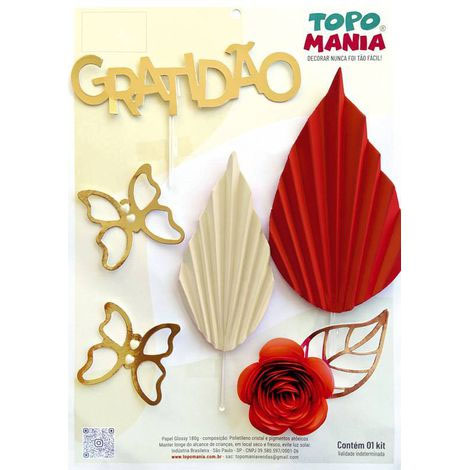 Topo de Bolo Gratidão com Leque (vermelho & marfim) - Topo Mania
