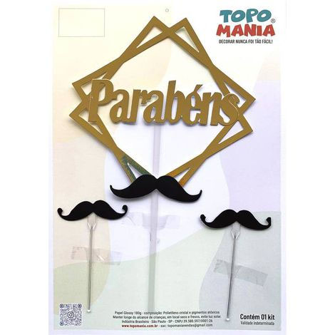 Topo de Bolo Parabéns Quadrado de Bigode - Topo Mania