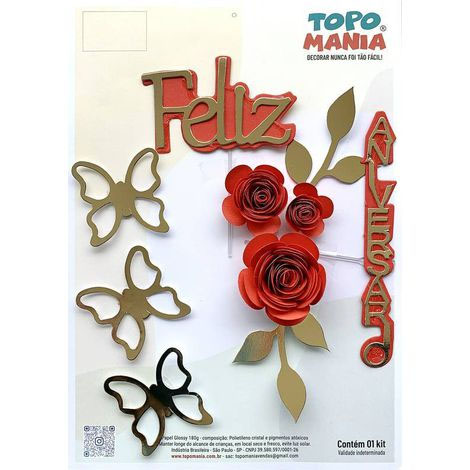 Topo de Bolo Feliz Aniversário Rosa Vermelha - Topo Mania