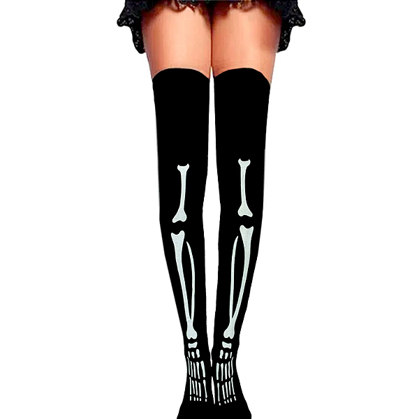 Meia Calça Halloween Preta de Esqueleto com Ossos