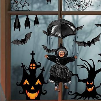 Enfeite Halloween Bruxa Paraquedas - Movimento, Luz e Som - 40cm