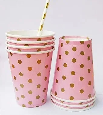 Copo de Papel Poá Rosa e Dourado 250ml – 8 Unidades