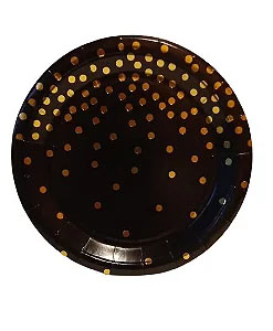 Prato de Papel Preto Poá Dourado 18cm c/ 10 unids