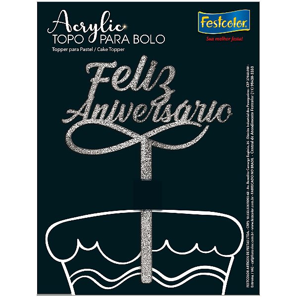 Topo de Bolo Acrylic Feliz Niver Glitter Prata - 17 x 12cm