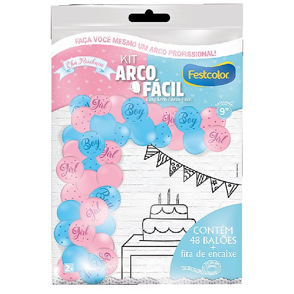 Kit Arco Fácil De Balões Festa Chá de Revelação Com Fita - 48 Balões