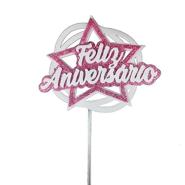Topo de Bolo Feliz Aniversário Estrela Rosa
