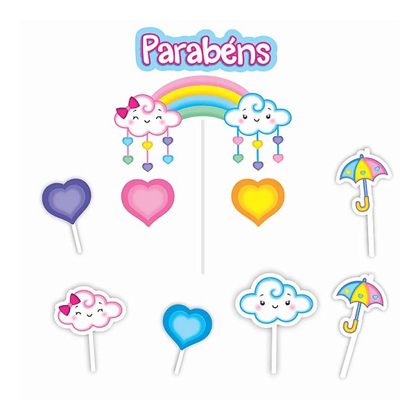 Topo de Bolo Topper Decoração Chuva de Amor - 7 Peças (01 Topper maior + 6 Picks) Piffer