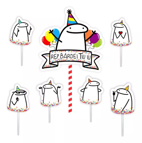 Topo de Bolo Topper Decoração Flork - 7 Peças (01 Topper maior + 6 Picks) Piffer