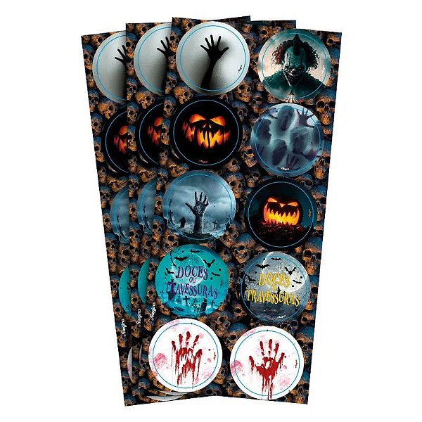 Adesivo Decorativo Redondo Halloween - 3 Cartelas Com 10 Adesivos Cada (30 Unidades)