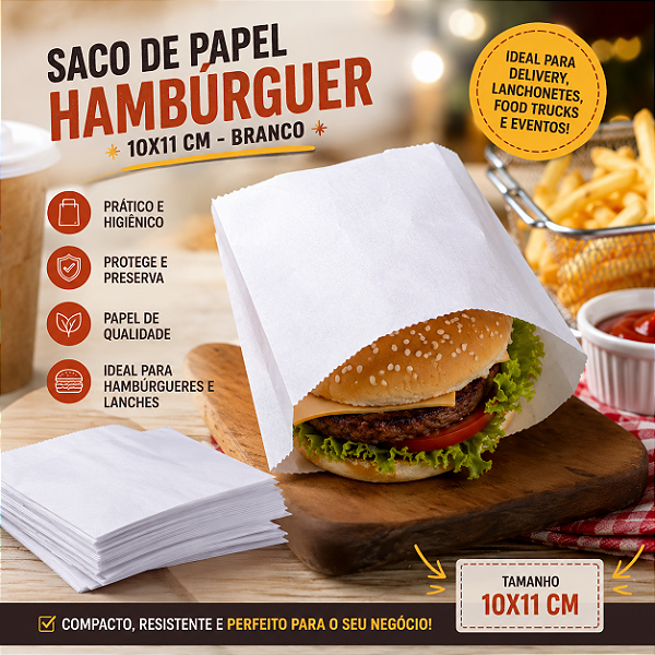 Saco Papel Hamburguer 10X11 Cm Branco - 50 Unidades