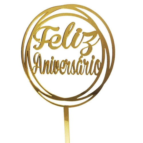 Topo De Bolo Feliz Aniversário Dourado