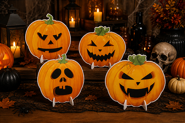 Totem De Mesa Abóboras Halloween 25cm - Brilha na Luz Negra - 4 Unidades
