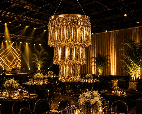 Enfeite De Teto Lustre Metalizado Grande Com Franja Dourada - 80cm