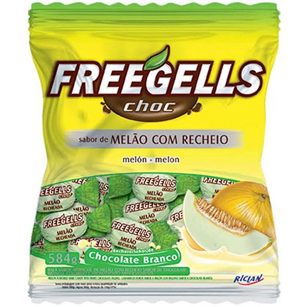 Bala Dura Recheada Chocolate Branco e Melão Freegells 584g