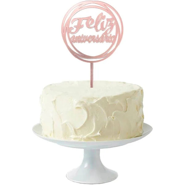 Topo de Bolo Feliz Aniversário Redondo Rosé Gold