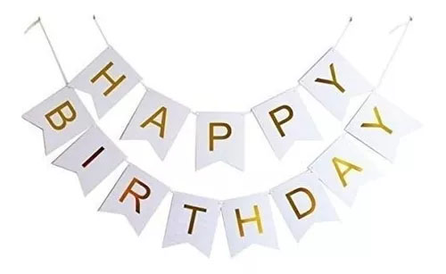 Faixa Feliz Aniversário Branca Letra Dourada Happy Birthday - 2 Metros