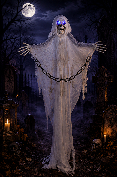 Fantasma com Corrente Halloween Luz 95cm