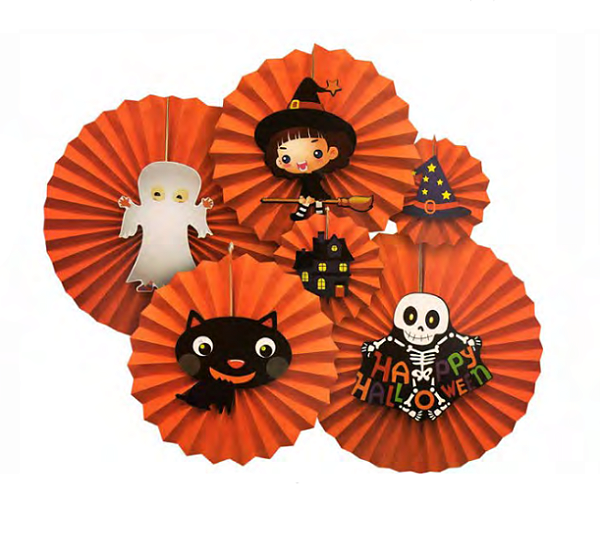 Kit Enfeite Papel Leque Decorativo Halloween - 6 Unidades (2 unds de 40cm + 2 unds de 30cm + 2 unds de 20cm)