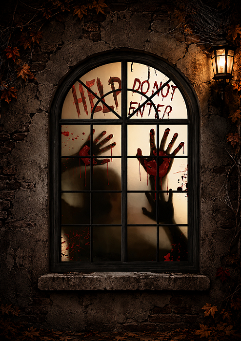 Painel Janela Do Terror Mão Sangrenta Halloween 70x50cm