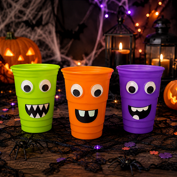 Copo Halloween Monstrinhos com Olhos – Cores Neon - 1 Unidade