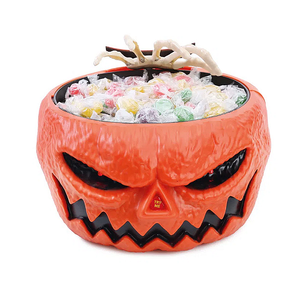Petisqueira Porta Doces Abóbora Halloween com Sensor de Movimento - Movimento/Luz/Som - 27cm