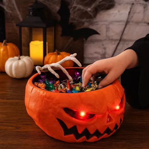 Petisqueira Porta Doces Abóbora Halloween com Sensor de Movimento - Movimento/Luz/Som - 27cm