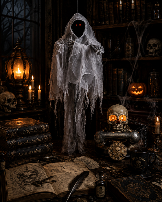 Fantasma Caveira com Led Halloween 100cm - Emite Luz nos Olhos