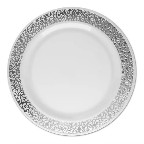 Pratos Descartáveis Luxo Refeição Vazado Borda Prata 26cm - 6 Unidades