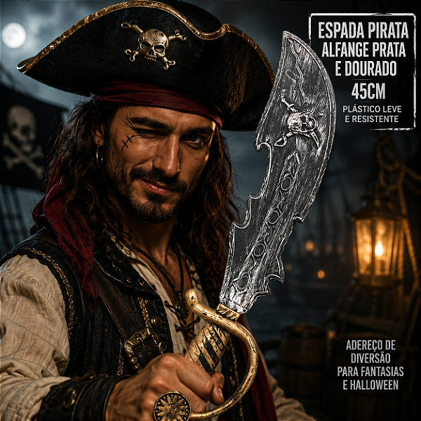 Espada Pirata Alfange Prata e Dourado – 45cm