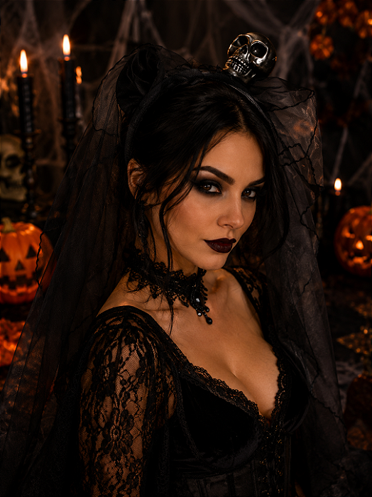 Tiara Halloween Caveira Noiva Cadáver Com Véu - Caveira Preta -100cm