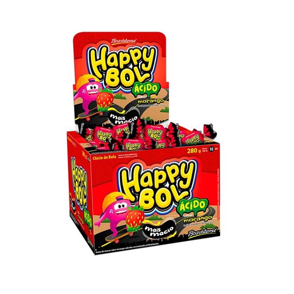 Chiclete de Bola Happy Bol Q'Pinta Sabor Morango Ácido 140g - 46 unidades