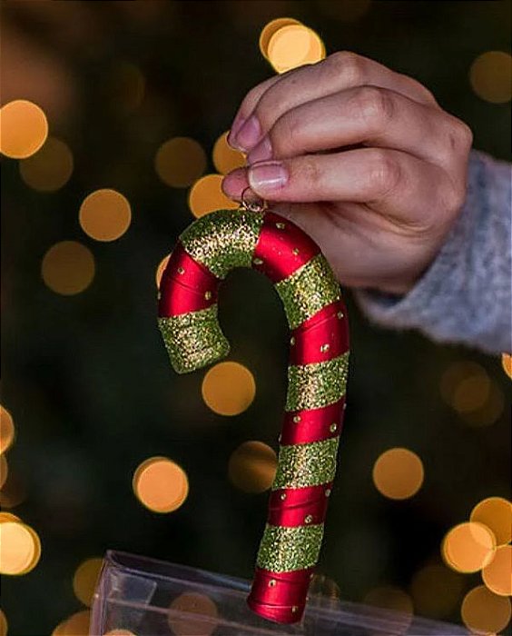 Pingente Bengala De Natal Verde Com Vermelho Glitter / 14cm - 1 Unidade