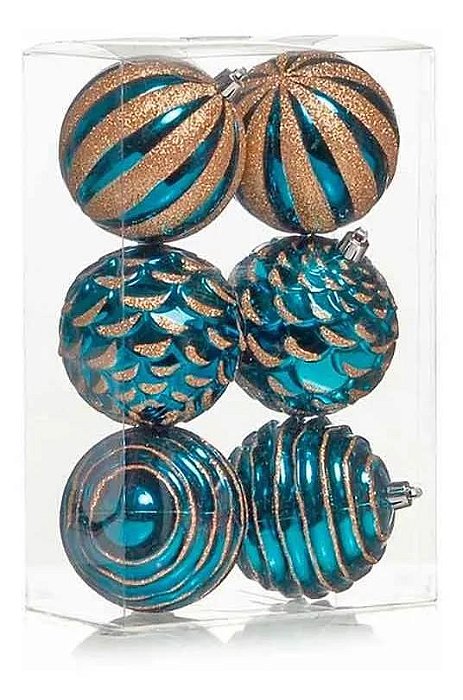 Bolas De Natal Texturizadas Azul Turquesa/Ouro 8cm - 6 Unidades