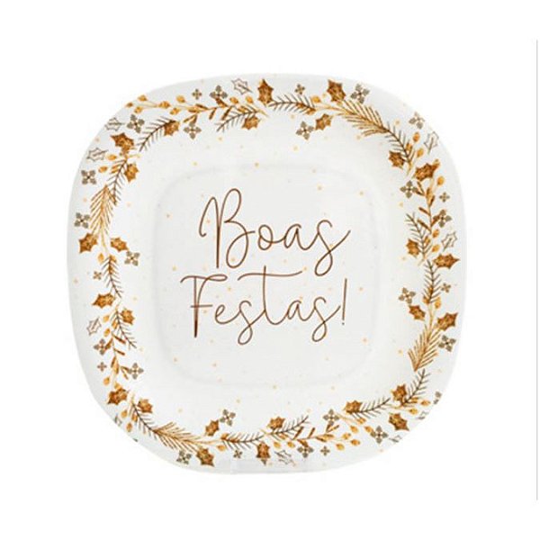 Prato Quadrado Decorado Boas Festas Ano Novo de Melamina 20cm