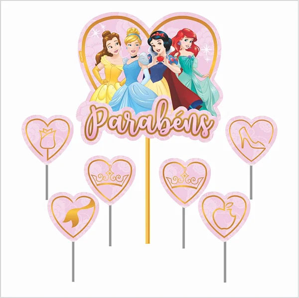 Topo de Bolo Topper Decoração Princesas Disney Cenário - 7 Peças (01 Topper maior + 6 Picks) Piffer