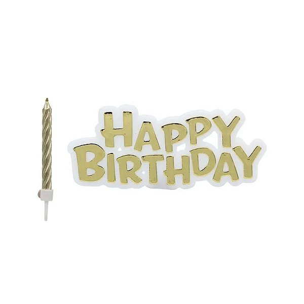 Vela de Aniversário Palito Trançada Happy Birthday Metalizada Dourada - 8 Unidades