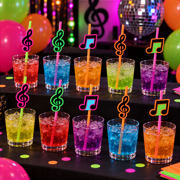 Canudos Divertidos Notas Musicais Neon - 10 Unidades