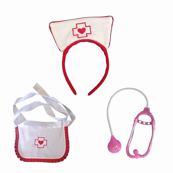 Kit Fantasia Enfermeira Luxo com Tiara Estetoscópio e Avental