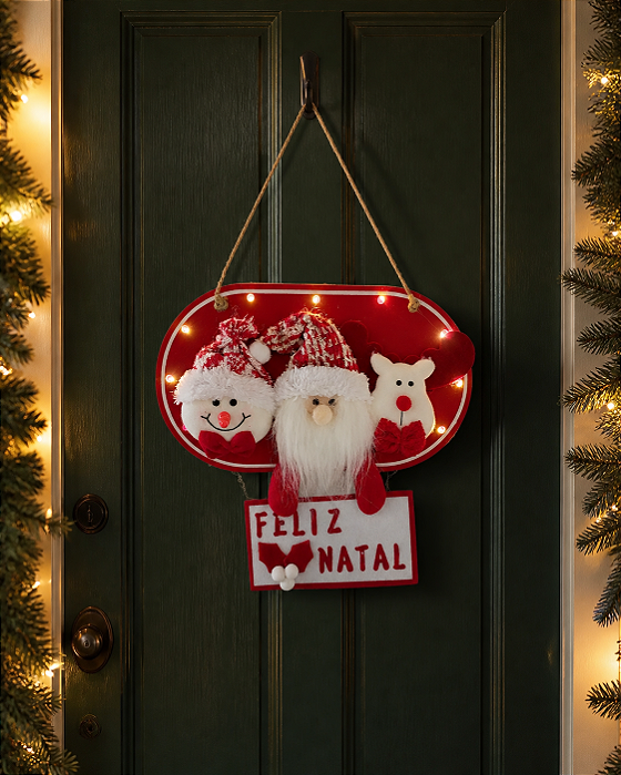 Placa Mdf Feliz Natal Iluminada LED Trio Bonecos Pelúcia Feliz Natal 28cm